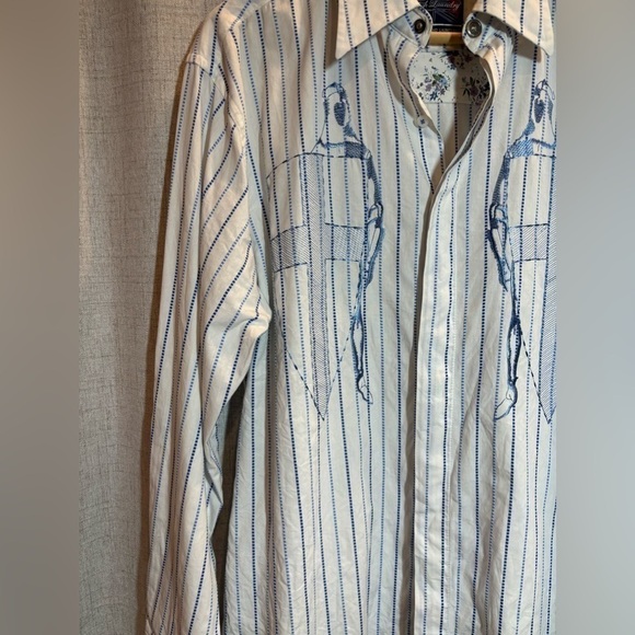 ENGLISH LAUNDRY long sleeve blue white stripe floral KNIGHTS SHIELD shirt. Large - Picture 3 of 16